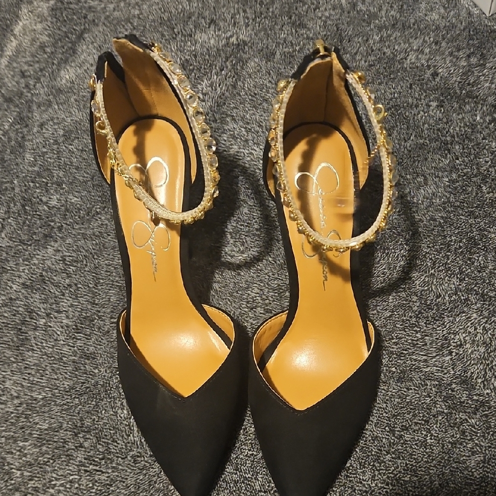 Jessica Simpson Black Pointed Ankle-Strap Heels with Gold Crystal Embellishment